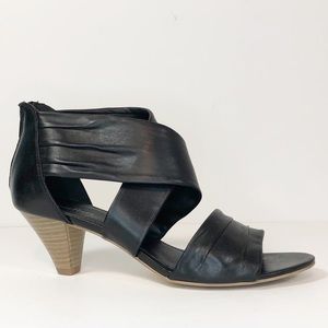 Black leather sandals, back zip, wrap, 41 (10-11)
